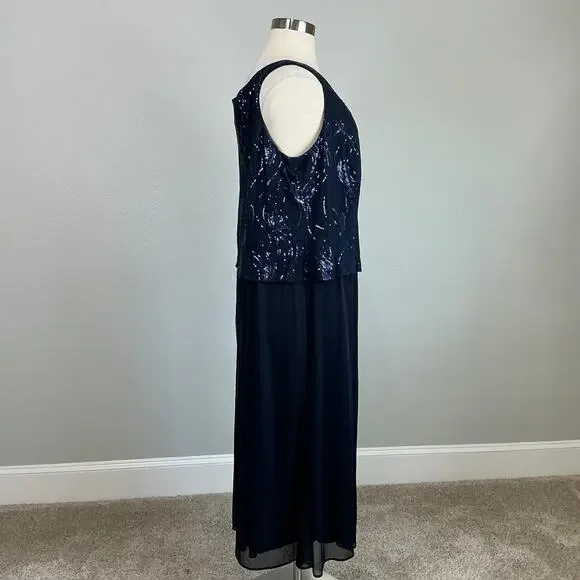 Alex Evenings Sequined Chiffon Midi A-Line Cocktail Dress Navy Blue Size 24W - Picture 4 of 12